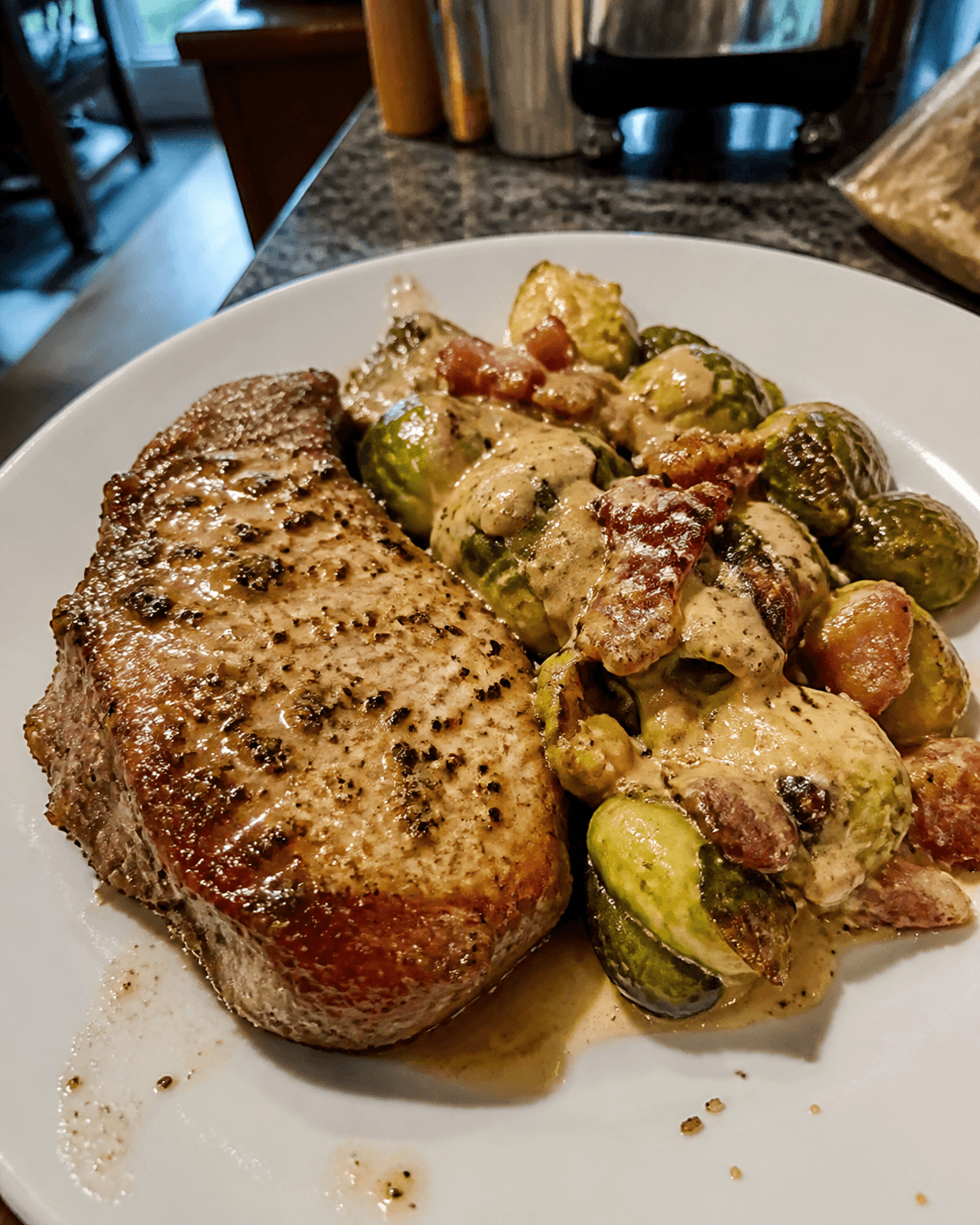 Dijon Pork Chops with Cheesy Bacon Brussels