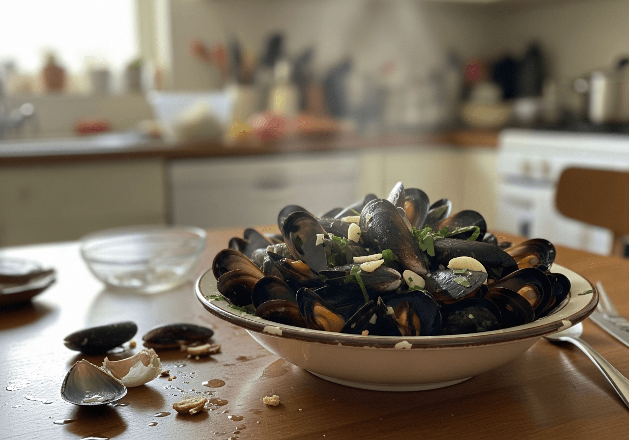 Garlicky White Wine Mussels