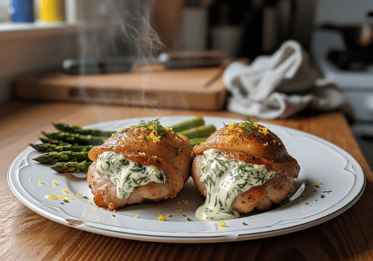 Lemony Cream Cheese Stuffed Chicken Thighs with Asparagus