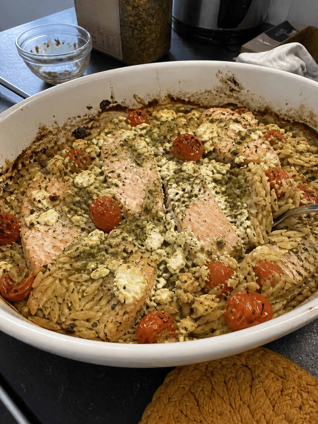 Mediterranean Salmon Orzo Bake