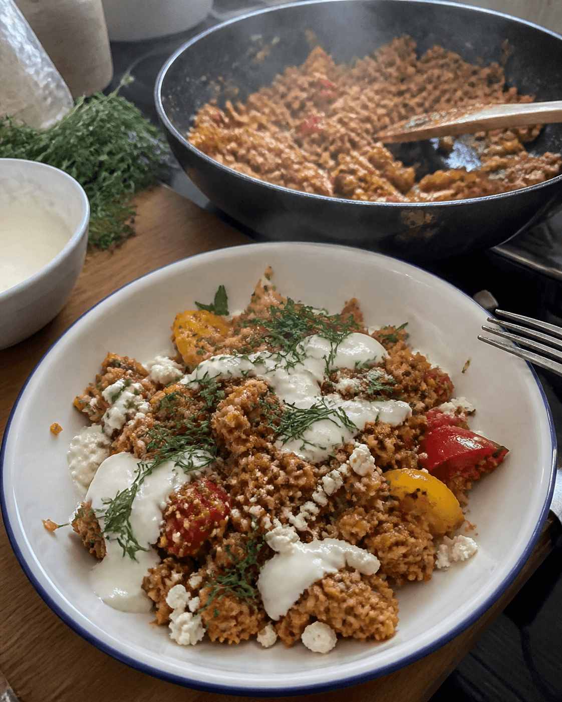 Mediterranean Turkey Skillet with Tangy Yogurt