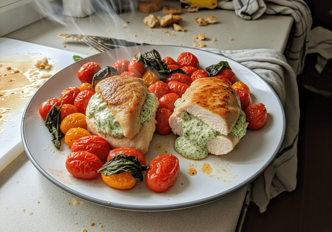 Pesto Cream Cheese Stuffed Chicken with Roasted Tomatoes