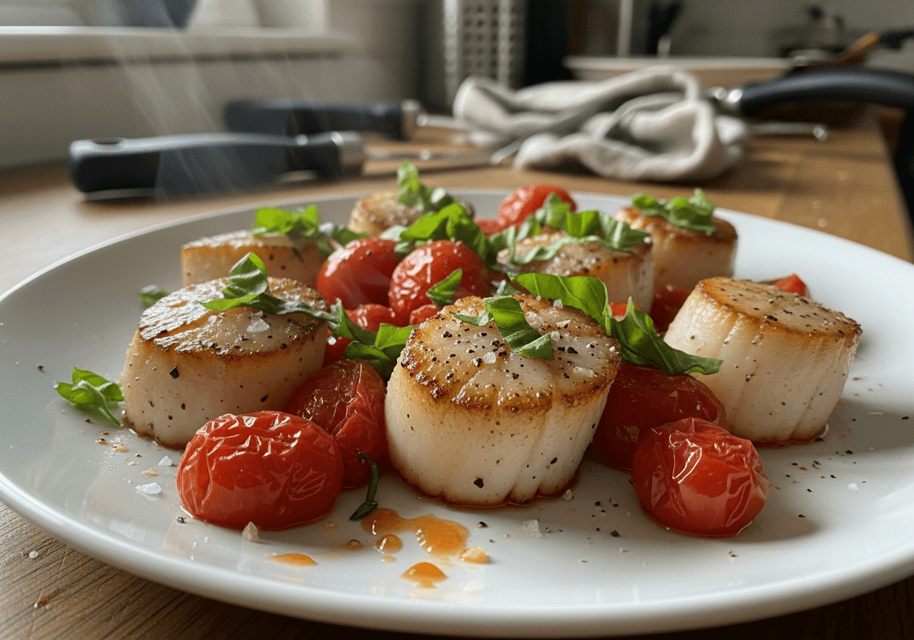 Seared Scallops with Burst Tomatoes and Basil