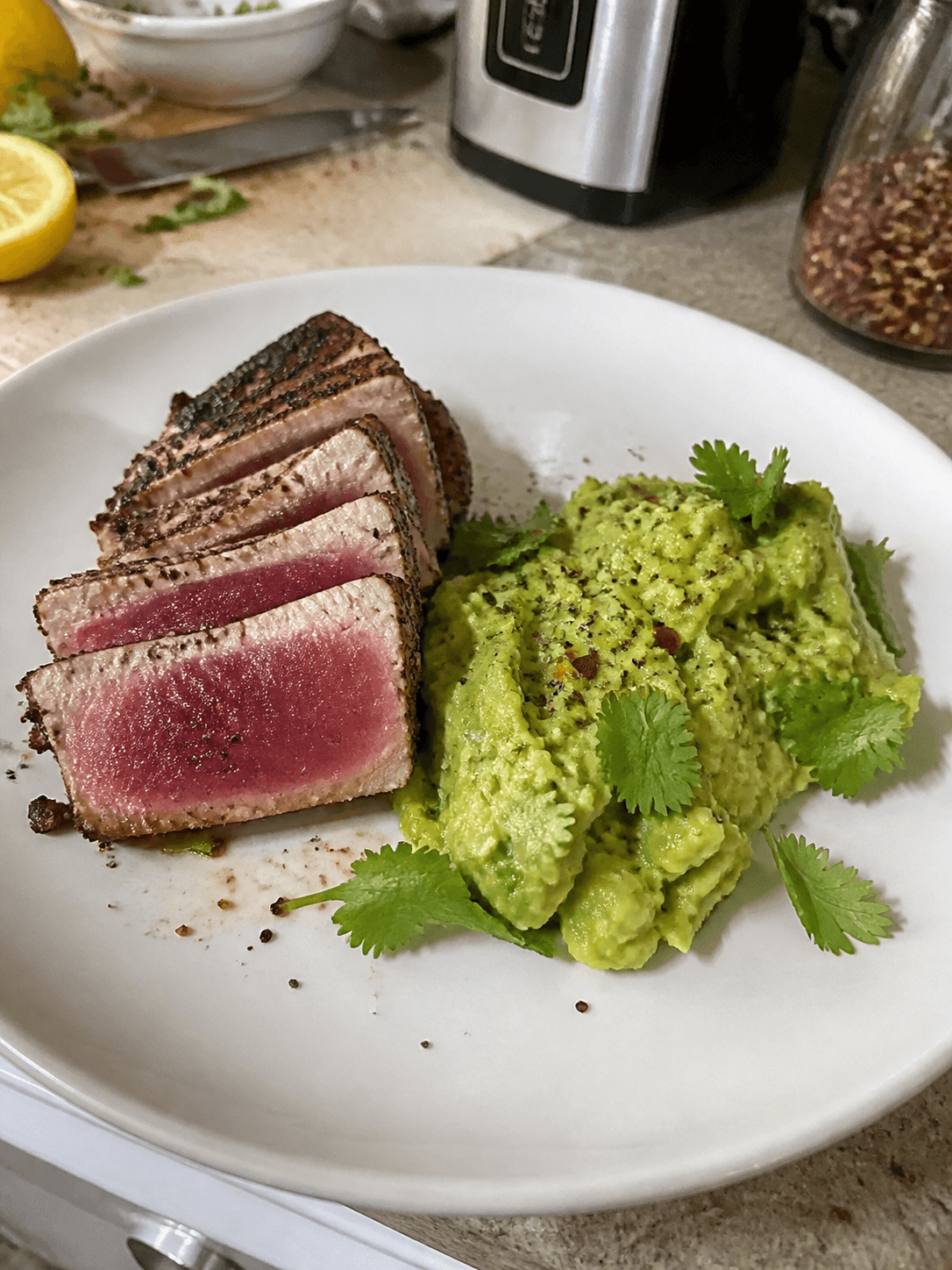 Seared Tuna with Zesty Avocado Mash