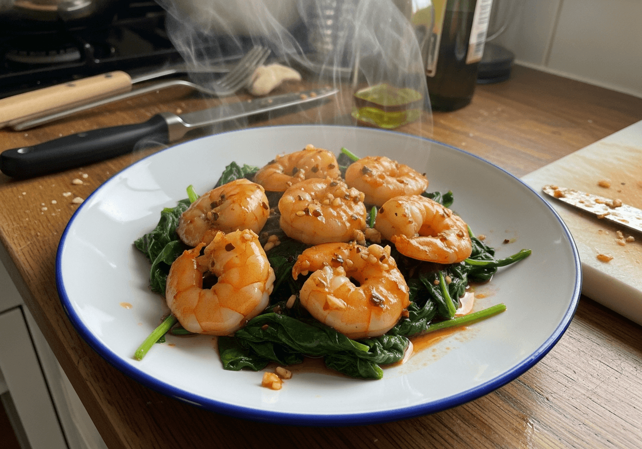 Spicy Garlic Shrimp with Wilted Spinach
