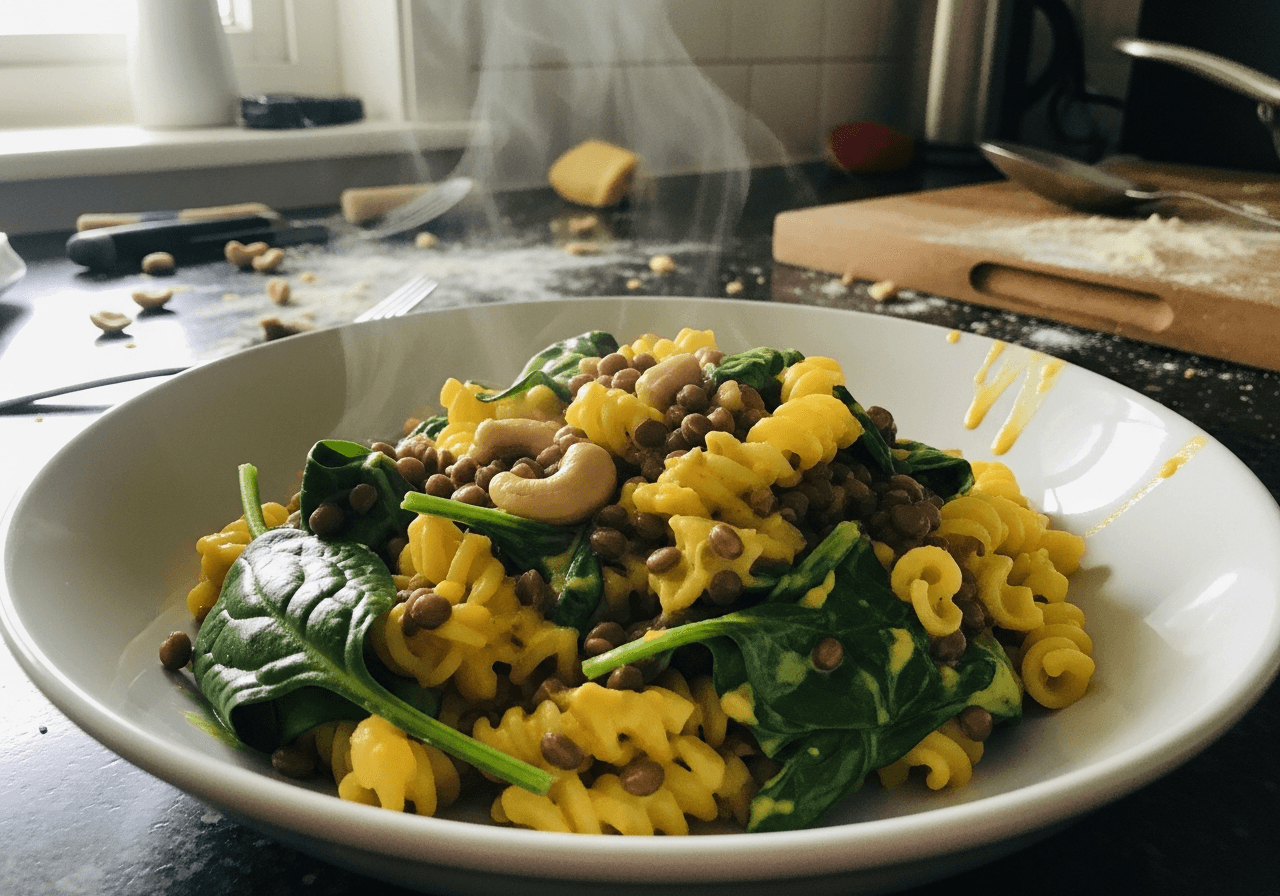 Zesty Lemon Cashew Pasta with Lentils and Spinach